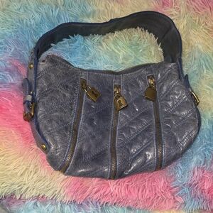 Rare!:Betsey Johnson Blue Leather Shoulder Bag With Zipper Detail!